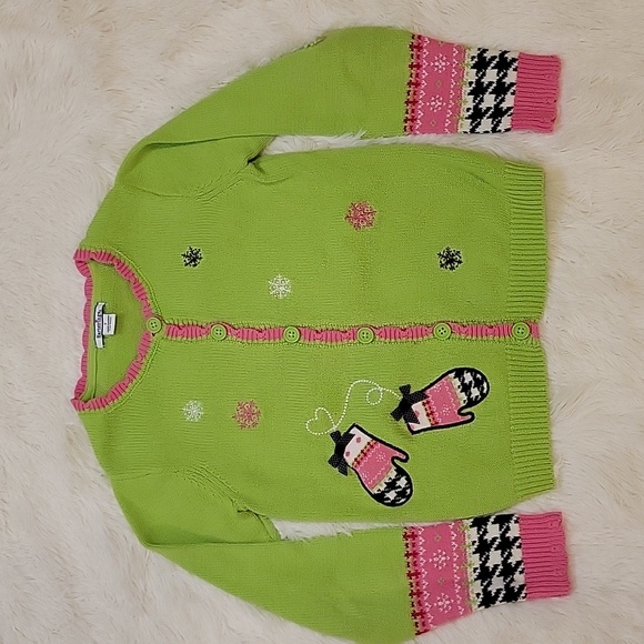 Heartstrings Lime Green And Pink Cardigan Sweater Winter Applique Girl Size 7 - Picture 1 of 6